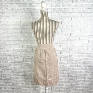 Vintage Handmade Taupe and White Gingham Half Apron with Decorative Embroidery